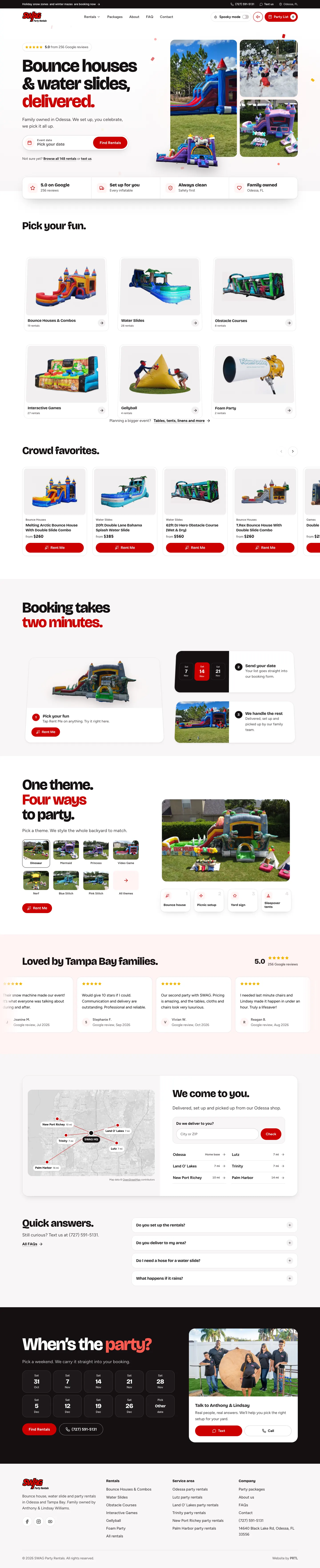 SWAG Party Rentals homepage: headline “Bounce houses & water slides, delivered.”, date picker, rental categories, themed packages, reviews and delivery map